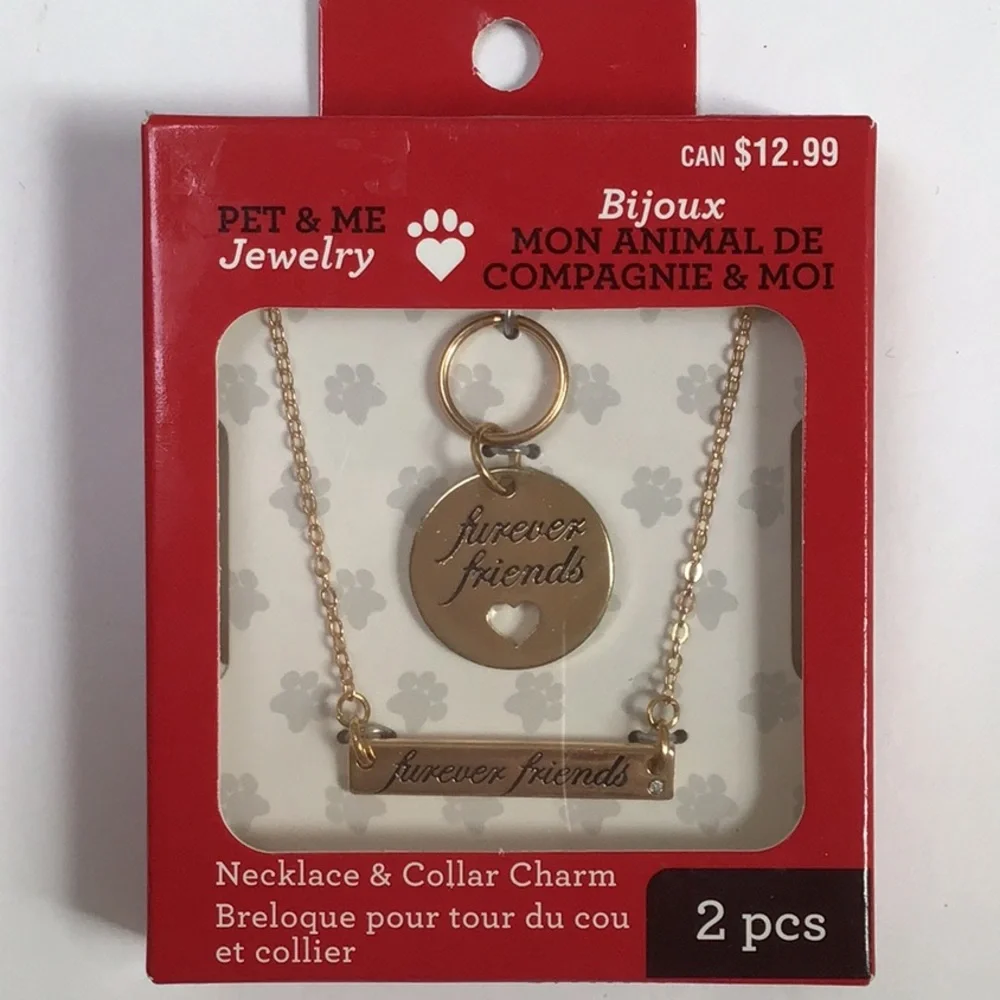 Furever Friends Gold Tone Necklace &‎ Pet  Collar Charm Set NWT
